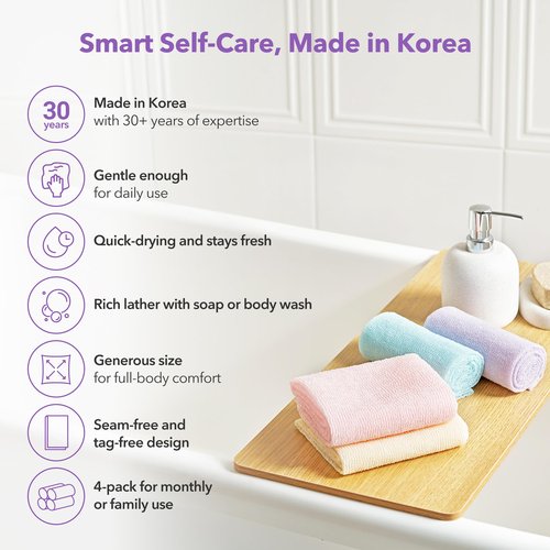 Korean Exfoliating Washcloths [4 Pack] – Daily Body Scrubber Towels for Shower, Back & Full-Body Use – Loofah Alternative, Quick-Drying Bath Cloths, Made in Korea