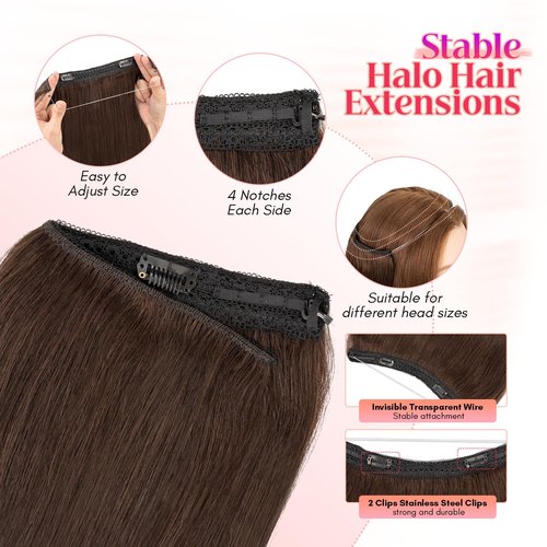 Rich Choices 100% Real Human Halo Hair Extensions Remy Invisible Wire In Hair Extensions Human Hair Clip in Hair Piece Straight,Can be Curled 12 Inch #2 Dark Brown