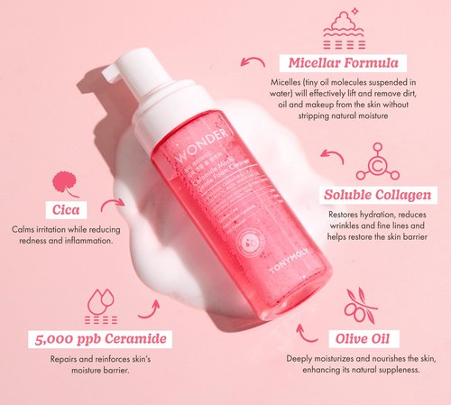 TONYMOLY Wonder Ceramide Mochi Micellar Foam Cleanser – Gentle Korean Face Wash with Ceramides, Cica & Aloe – Hydrating Daily Cleanser for All Skin Types
