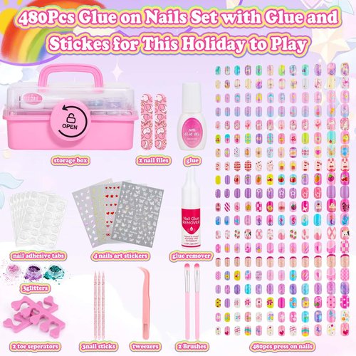 480 Pcs Kids Nails and Glue, Girls Press ons Nail Art Kit with Storage Case, Fake Nails Adhesive, Remover, Stickers, Glitter Cute Stuff Gift for Girls 8-12