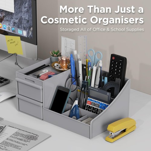 DancesCat Grey&2 Drawers Makeup Organizer Countertop, Vanity Organizer with 7 Compartments and 2 Drawers for Cosmetics, Skincare, Brushes, Perfume, Bathroom Counter Organizer