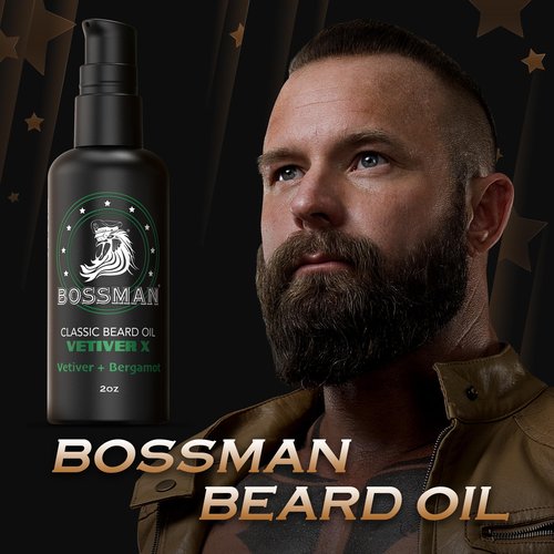 Bossman Organic Mustache & Beard Oil for Men, 2 oz – Natural Beard Moisturizer with Jojoba, Argan & Avocado Oils (Vetiver X Scent)