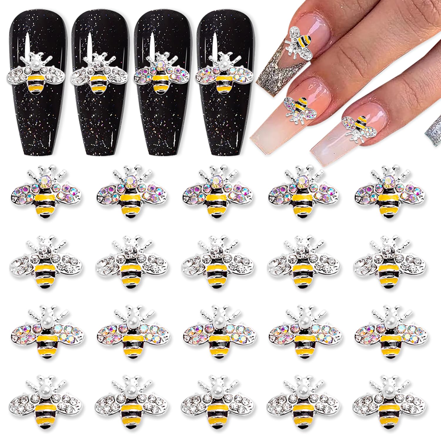 XEAOHESY 20pcs Alloy Bee Nail Charms Silver Bee Charms for Acrylic Nails Metal Nail Bee Charms Inlay Clear AB Rhinestones or Pearls Cute Mini Bees Nail Studs Nail Jewels for Women Girls Nail Art