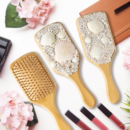 PANTIDE DIY Bamboo Hairbrush Craft Kit - 6 Set Hair Brush with Pearls Shells Brush Paint Decorate Craft Supplies, Make Your Own Mermaid Massage Hairbrush Birthday Party Gift for Women Girls