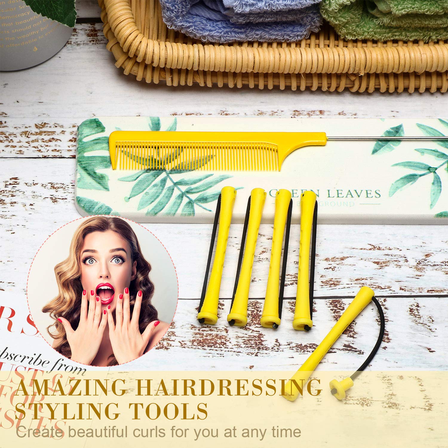 WILLBOND Hair Perm Rods - 96 Pcs Heatless Curlers with 2 Steel Pintail Combs | 0.28 Inch, Yellow