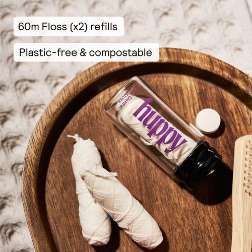 HUPPY Plastic-Free Vegan Dental Floss (2 Pack Refill) – Compostable Corn-Starch & Candelilla Wax Floss, Peppermint Scent, Strong & Gentle for Sensitive Gums, Eco Oral Care