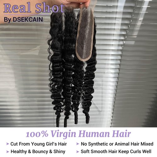 DSEKCAIN 2x6 Burmese Curly Closure 100% Real Human Hair Water Wave 2x6 Transparent HD Lace Closure Natural Black 1B Color 16 Inch