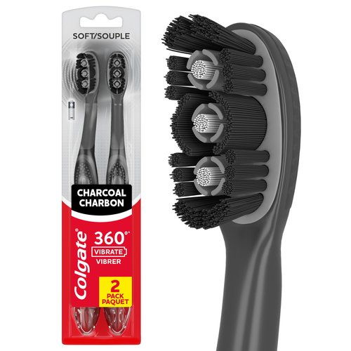 Colgate 360 Vibrate Charcoal Battery Operated Toothbrush Pack, Soft with 1 AAA Battery Included, Black, 2 Count