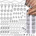 92pcs Star Nail Charms, 1 Box Silver Nail Pearls for Crafting Flat Back, Y2K Silver Metal Planet Cross for Acrylic Nail Art Rhinestones Dangling Star Nail Chains Cute Gems Manicure Decorations Bulk