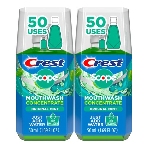Crest Scope Mouthwash Concentrate, Travel Size Mouthwash, Original Mint Flavor, Helps Freshen Breath, 2 Pack -50 ml Squeeze Bottles