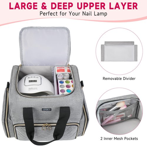 LEFOR·Z Nail Polish Organizer Holds 80 Bottles and a Lamp,Nail Polish Carrying Case with 2 Removable Bags,Nail Organizers and Storage for Nail Tech,Portable Nail Polish Holder for Nail Supplies,Grey