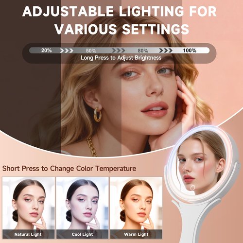 Hasipu Portable Travel Makeup Mirror with Lights – 360° Rotating with 1X/10X Magnifying, Rechargeable Tabletop Handhold Hanging 3 in 1 Mirror (White)