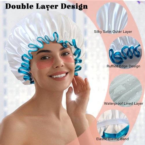 choshion Shower Cap Reusable Waterproof, Large Shower Cap for Women, Shower Caps for Braids Long Hair, Double Layer Satin Plastic Hair Cap for Shower