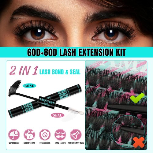 Lash Clusters Kit 320Pcs 60D 80D DIY Individual Lashes Extension Kit Lash Bond And Seal Lash Remover For Eyelashes Extensions Lash Applicator Tool For False Eyelash Cluster Kit(60D80D,D-Mix10-16mm)