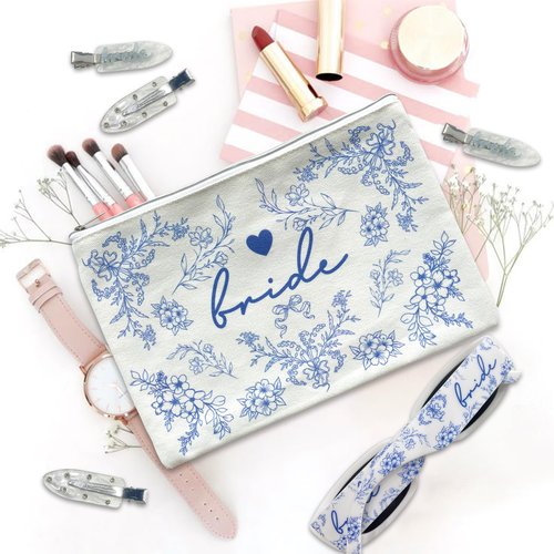 LADY&HOME Bride Makeup Bag Blue Bride Bag for Bridal Shower Wedding Engagement Gifts