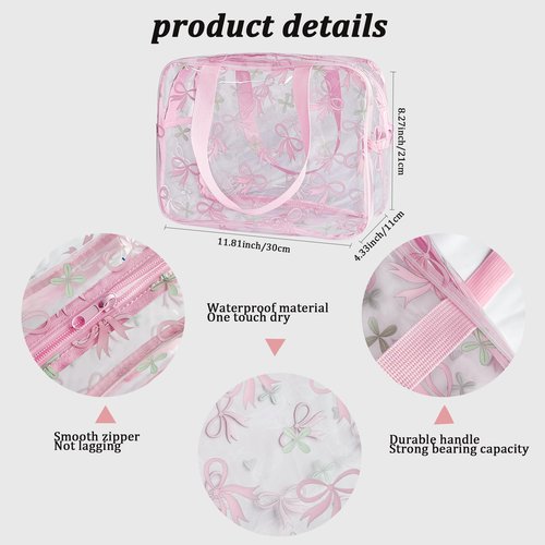 TotePrint Flower Makeup Bag - Clear Printable Vinyl Cosmetic Pouch, Waterproof Small Clear Gift Bags for Travel & Organizer (Pink Bow)