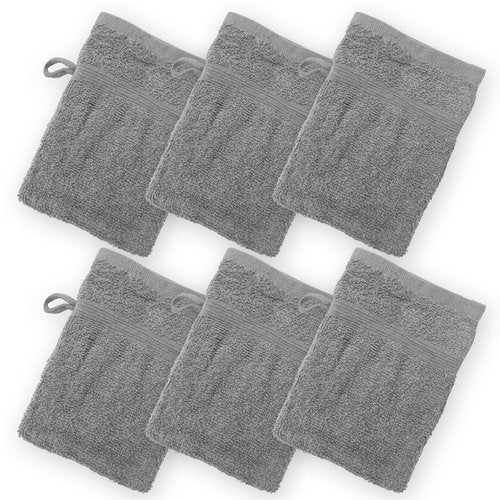Homewear High Rise Stripe 6 Pack 6 x 8.5 Wash Mitt Set, Low Twist, Highly Absorbent, Gentle Hand and Face Cloth, European Style with Loop, Grey