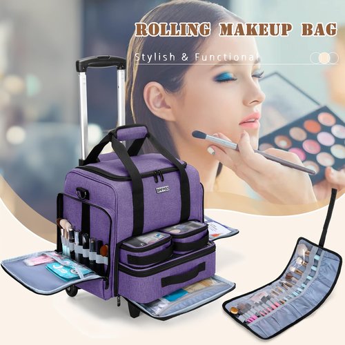 BAFASO Rolling Makeup Case with 3 Removable Pouches and 1 Makeup Brush Bag, Professional Makeup Train Case Cosmetic Bag with Detachable Dolly (Patented), Purple