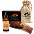 Tropical Holistic Natural Beard Grooming Kit for Men, 3-in-1 Set, Boar Bristle Brush, Handmade Wood Comb, 100% Pure Unscented Hair Treatment Oil 2 oz, Travel Bag
