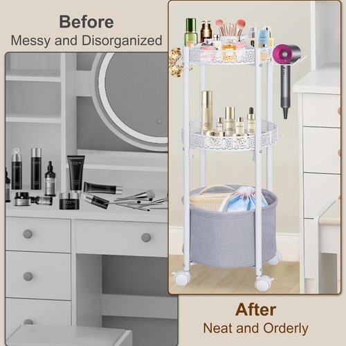 NauwaBarn Rolling Makeup Cart Organizer with Removable Hair Dryer Holder, 3 Tier Round Floor Makeup Organizer with Wheels for Cosmetic, Perfume, Nail Polish, Small Space Bathroom Storage Cart, White
