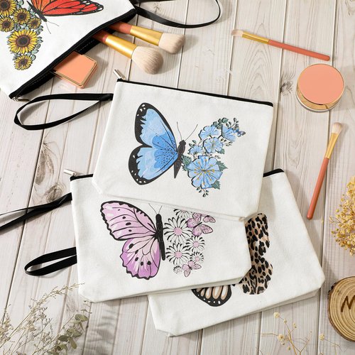 Cunno 4 Pcs Butterfly Makeup Bags for Women Canvas Cosmetic Butterfly Flowers Gifts for Girls Birthday Canvas Purse Travel Makeup Bags Zipper Pouch for Ladies Coworker