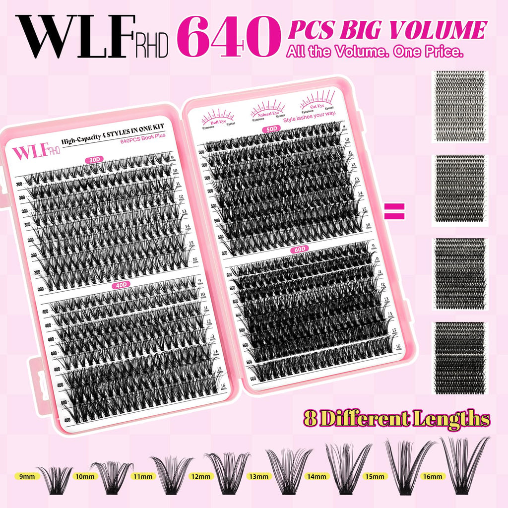 WLF Lash Clusters Kit 640 Pcs Lash Extension Kit Individual Lashes D Curl Clusters Eyelashes Extensions Kit with Lash Book Eyelash Bond and Seal Remover Tweezers Brush(Mix 9-16mm,30D+40D+50D+60D Kit)