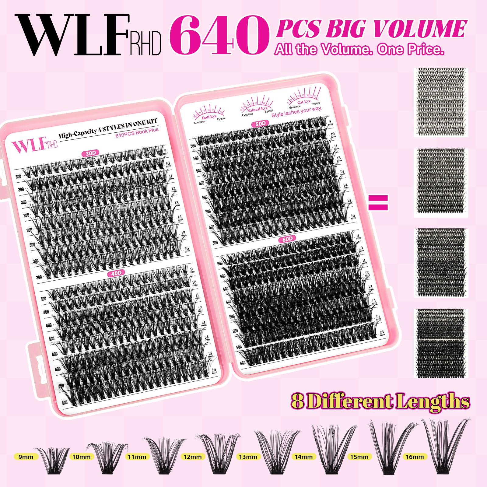 WLF Lash Clusters Kit 640 Pcs Lash Extension Kit Individual Lashes D Curl Clusters Eyelashes Extensions Kit with Lash Book Eyelash Bond and Seal Remover Tweezers Brush(Mix 9-16mm,30D+40D+50D+60D Kit)