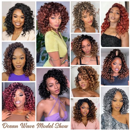 Pre looped Ocean Wave Crochet Hair 8 Packs 12 Inch Ombre Brown Auburn Synthetic Pre Twisted Ocean Braids Hair Boho Deep Wave Short Curly Crochet Hair for Black Women (12 Inch, T1B/4/30#)
