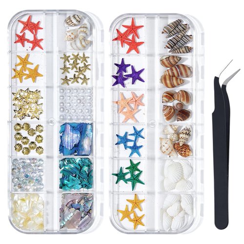 2 Boxes Summer Nail Art Rhinestones, 3D Ocean Theme Nail Charms Starfish Conch Seashell Designs Nail Art Rivets Manicure DIY Sea Series Nail Decorations for Women Girls (B)