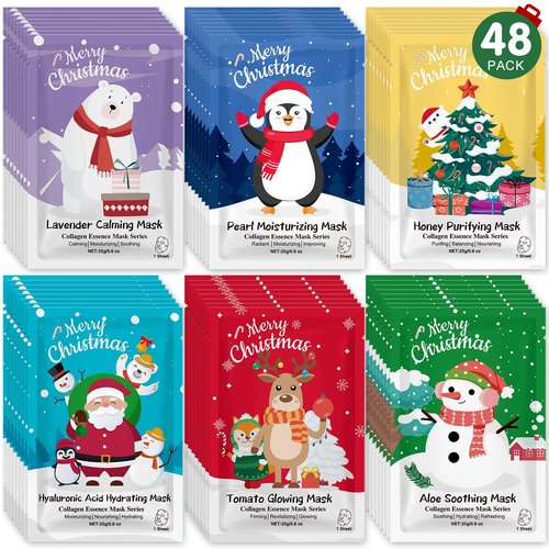 KONEUK 48 Pack Christmas Facial Masks for Stocking Stuffers, Bulk Moisturizing Facial Masks Set for Women Skin Care, Sheet Face Masks Skincare, Cute Christmas Gifts for Women