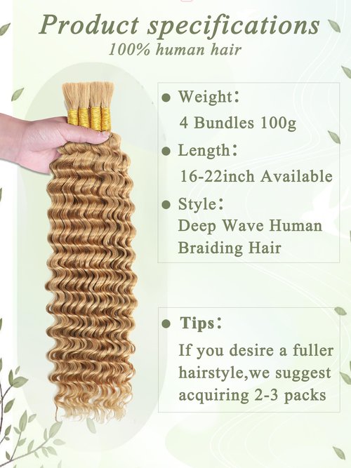 KULYMUWIG Blonde Human Braiding Hair for Boho Braids Deep Wave 18 Inch 100 g 4 Bundles Bulk Human Hair for Braiding No Weft 10A Curly Human Hair Extensions Wet and Wavy Color 27