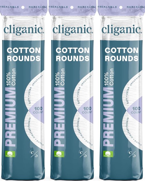 Cliganic Premium Cotton Rounds - Hypoallergenic Makeup Remover Pads | 300 Count, Lint-Free, 100% Pure Cotton