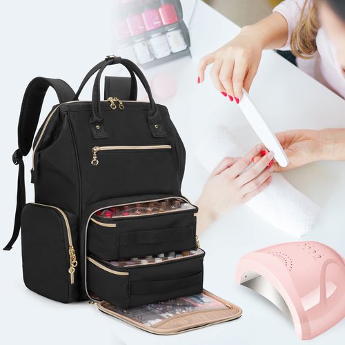 BAFASO Nail Polish Organizer Backpack Holds 56 Bottles and a Nail Lamp, Nail Polish Bag with 2 Removable Pouches and Tools Storage Sections (Patented Design), Black