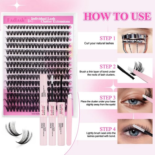 FADLASH Lash Clusters Kit 280PCS Individual Eyelash Clusters D Curl 8-16mm Eyelash Extension Kit with Lash Bond and Seal Lash Tweezer for Beginners (40D-0.07D-8-16mm KIT)