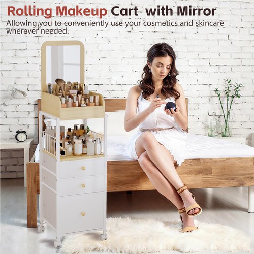 Makeup Cart Organizer with Mirror, Large Floor Skincare Organizers Make Up Organizers-Vanity Storage Organizer Cosmetic Display Cases Holder for Skin Care Perfume Nail Polish Brush Hair Tool (White)