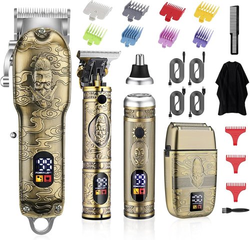 Soonsell Men's Professional Hair Clippers & Trimmer Set - T-Blade, Nose Trimmer, Foil Shaver, LCD Display | Bronze