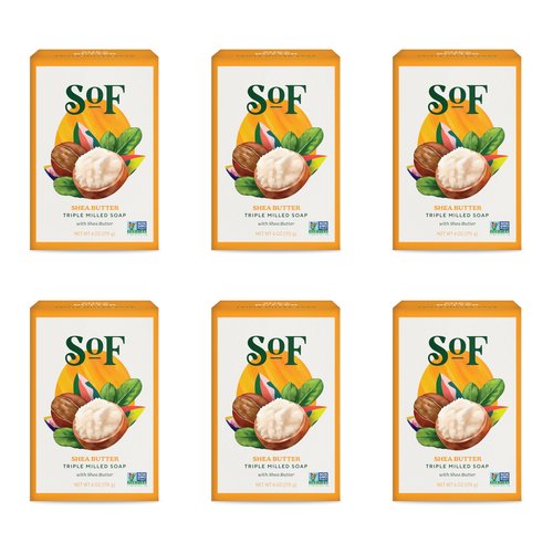 SoF Triple Milled Bar Soap - With Coconut Oil & Organic Shea Butter- Vegan & Non GMO- Free From Phthalates, Sulfates & Parabens- Shea Butter - 6 oz Bar 6 Bars