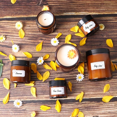 2 Pack 8 oz Amber Glass Jars with lids, Cosmetic Jars with Inner Liners and Black Lids, Lotion Jars, Candle Making Jars for Lotions, Scrubs and Cosmetic, Lables and Spatulas Include