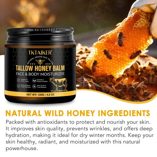 Beef Tallow for Skin, Beef Tallow for Face, Hydrating Tallow Balm with Raw Honey and Beeswax, Grass-Fed Beef Tallow & Raw Wild Honey Blend, Body & Face Moisturizer, Natural Formula, Light Scent