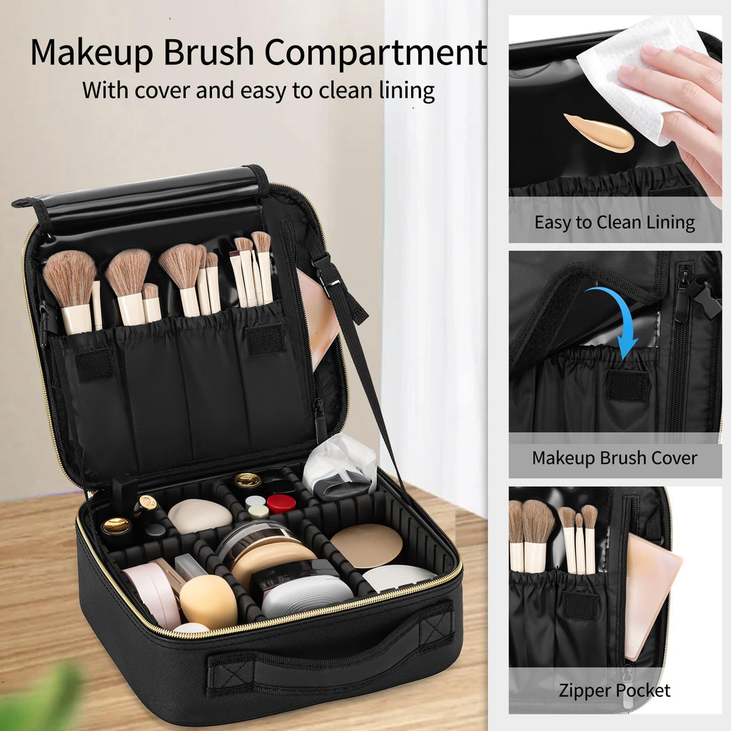 ZhenGuiRu Travel Makeup Bag, Makeup Train Case, Portable Makeup Artist Organizer with Adjustable Dividers, Cosmetic Brush Holder Storeage
