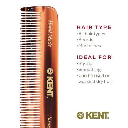 Kent FOT Handmade Pocket Comb for Men, Women and Kids, All Fine Tooth Hair Comb Straightener for Everyday Grooming and Styling Hair, Beard and Mustache, Saw Cut and Hand Polished, Made in England