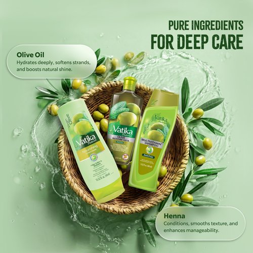 Vatika Naturals Olive Shampoo, Oil & Conditioner Combo, Deep Nourishment, Anti-Frizz & Hydration, Enriched with Virgin Olive Oil & Henna for Smooth, Soft & Radiant Hair, 400ml