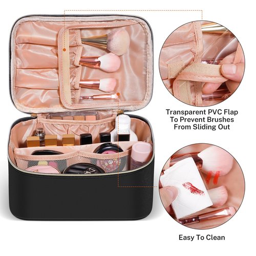 senbowe Travel Makeup Bag, Large Capacity Cosmetic Bags for Women,Portable Waterproof Leather Toiletry Bag Make Up Organizer Bag with Divider and Handle