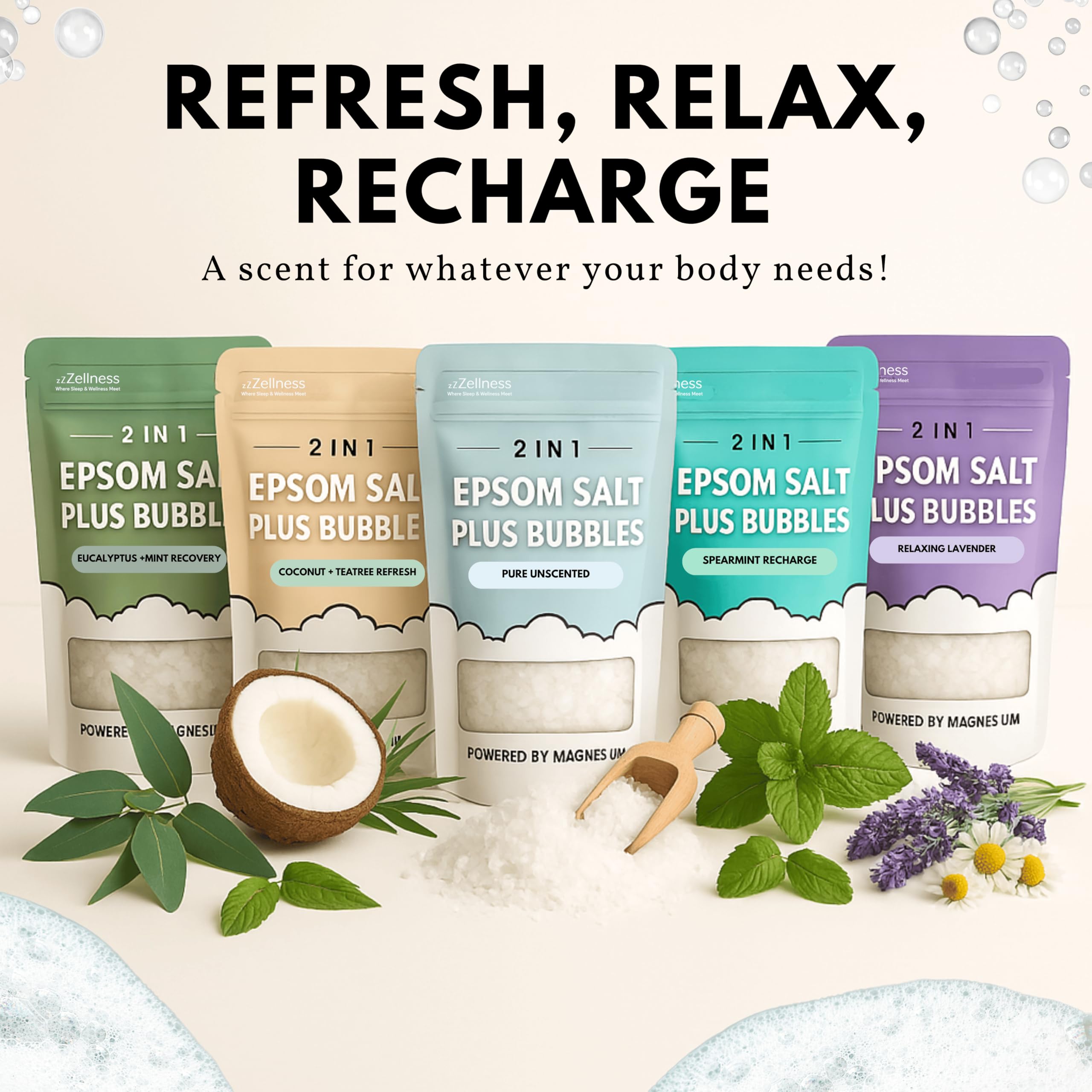 ZZZELLNESS Epsom Salt Plus Bubbles – Coconut & Teatree Scented Foaming Bath Soak – Magnesium Sulfate for Muscle Recovery, Stress Relief & Relaxation – Great for Aromatherapy – 12 oz