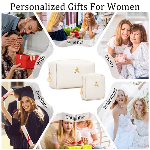 CLOUDWINGS Personalized Birthday Gifts for Women - Initial Makeup Bag Set Travel Toiletry Bag Cosmetic Bags Soft Waterproof PU Leather Makeup Pouch Travel Essentials (Beige,A)