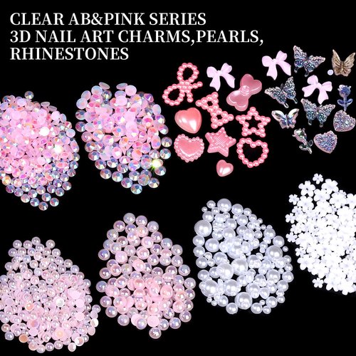 FAMDAMEI 24 Grid Flat Back Pearls and Rhinestones for Dazzling Kit, Clear White Pink Pearls Flatback Resin Jelly Rhinestones,Flower 3D Nail Charms and Gems for Crafting Rhinestone for Crafts