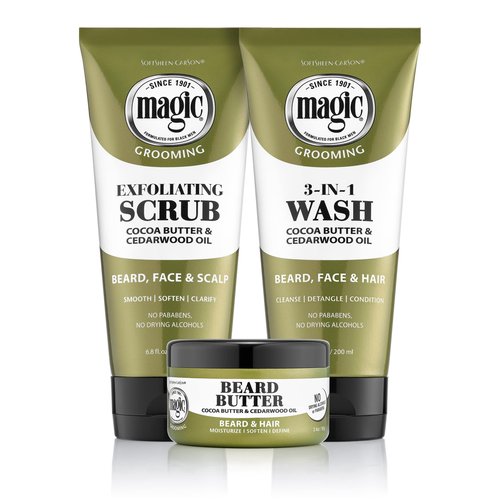 Softsheen-Carson Magic Shaving Beard Grooming Kit for Men with Cedarwood Oil, Includes Beard Butter, Scrub and Cleanser, Gift Set for Facial Hair Care,1 kit