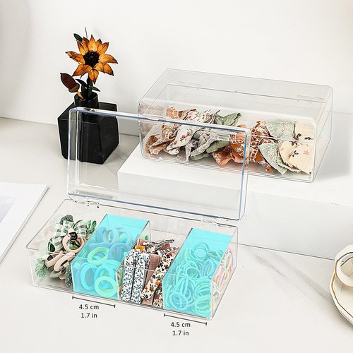 JessLab Hair Accessories Organizer for Girls, Acrylic Hair Bow Tie Clip Scrunchie Holder with Dividers, Clear Stackable Storage Box for Bathroom, Bedroom, Vanity Countertop, 4 Compartment