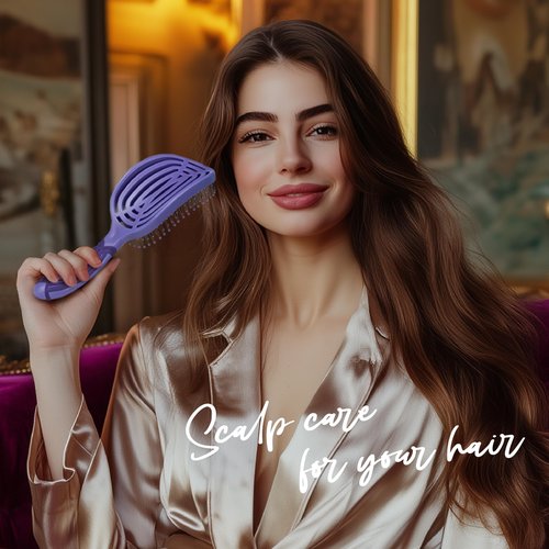 NuWay 4Hair® DoubleC Pro® U.S. Patented Double-Curve Scalp Care Brush – Rounded Ergonomic Handle Salon Design with Heat-Resistant BrainyBristles™ – Wet & Dry Use (Hyacinth)