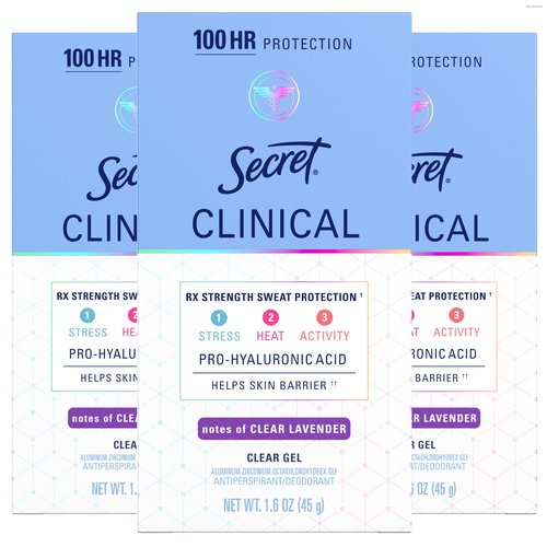 Secret Clinical Strength Antiperspirant Deodorant for Women, 100hr Sweat & Odor Protection, 3X Stress Protection with Hyaluronic Acid, PH Balanced, Clear Gel, Clean Lavender Scent, 1.6 oz (Pack of 3)